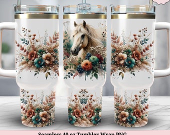 Floral Horse 40oz Tumbler Wrap, Boho Flowers 40 oz Tumbler Wrap, Horse Lover Seamless Quencher PNG Sublimation Design, Digital Download