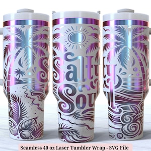 Salty Soul Beach Tumbler Wrap SVG for Laser Rotary, Tropical Palm Trees Engraved Full Wrap 40oz Tumbler, Seamless Design Digital Download
