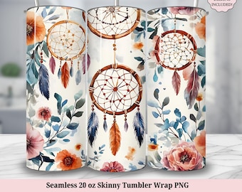 Floral Dreamcatcher Tumbler Wrap PNG Template, Vintage Retro Boho Flowers Feathers Design 20oz Skinny Sublimation, Digital Download