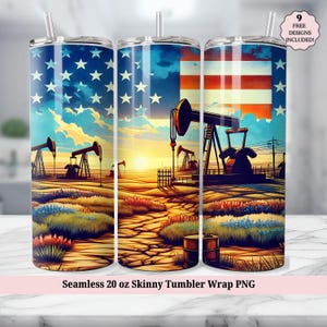 Oil Field Tumbler 20 Oz Tumbler Wrap, Oil Rig Worker, Oilfield Pump Jack, American Flag Seamless Sublimation Design PNG, Digital Download