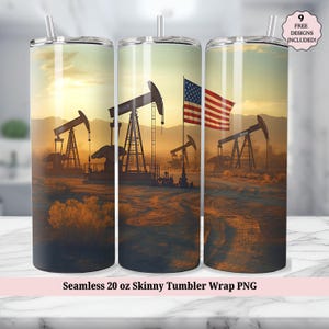 Oil Field Tumbler 20 Oz Tumbler Wrap, Oil Rig Worker, Oilfield Pump Jack, American Flag Seamless Sublimation Design PNG, Digital Download