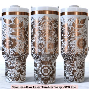Envoltura para vaso con láser de calavera de azúcar SVG para láser rotativo, envoltura completa grabada del Día de los Muertos para vaso de 40 oz, descarga digital de diseño sin costuras