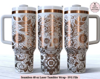 Sugar Skull Laser Tumbler Wrap SVG for Laser Rotary, Day of the Dead Engraved Full Wrap for 40oz Tumbler, Seamless Design Digital Download