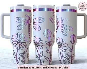 Wildflowers Laser Tumbler Wrap SVG for Laser Rotary, Dragonfly Floral Engraved Full Wrap for 40oz Cup, Seamless Design, Digital Download