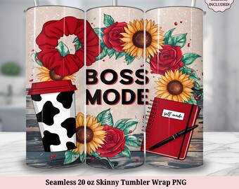 Boss Mode Tumbler Wrap PNG, kvinnlig företagare, blommig kvinna liten företagare 20 oz skinny sublimeringsdesign digital nedladdning