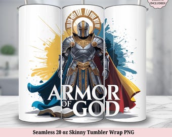 Armor of God Christian Men Tumbler Wrap PNG - Seamless 20oz Skinny Tumbler Sublimation Design - Man of Faith Based Jesus Digital Download