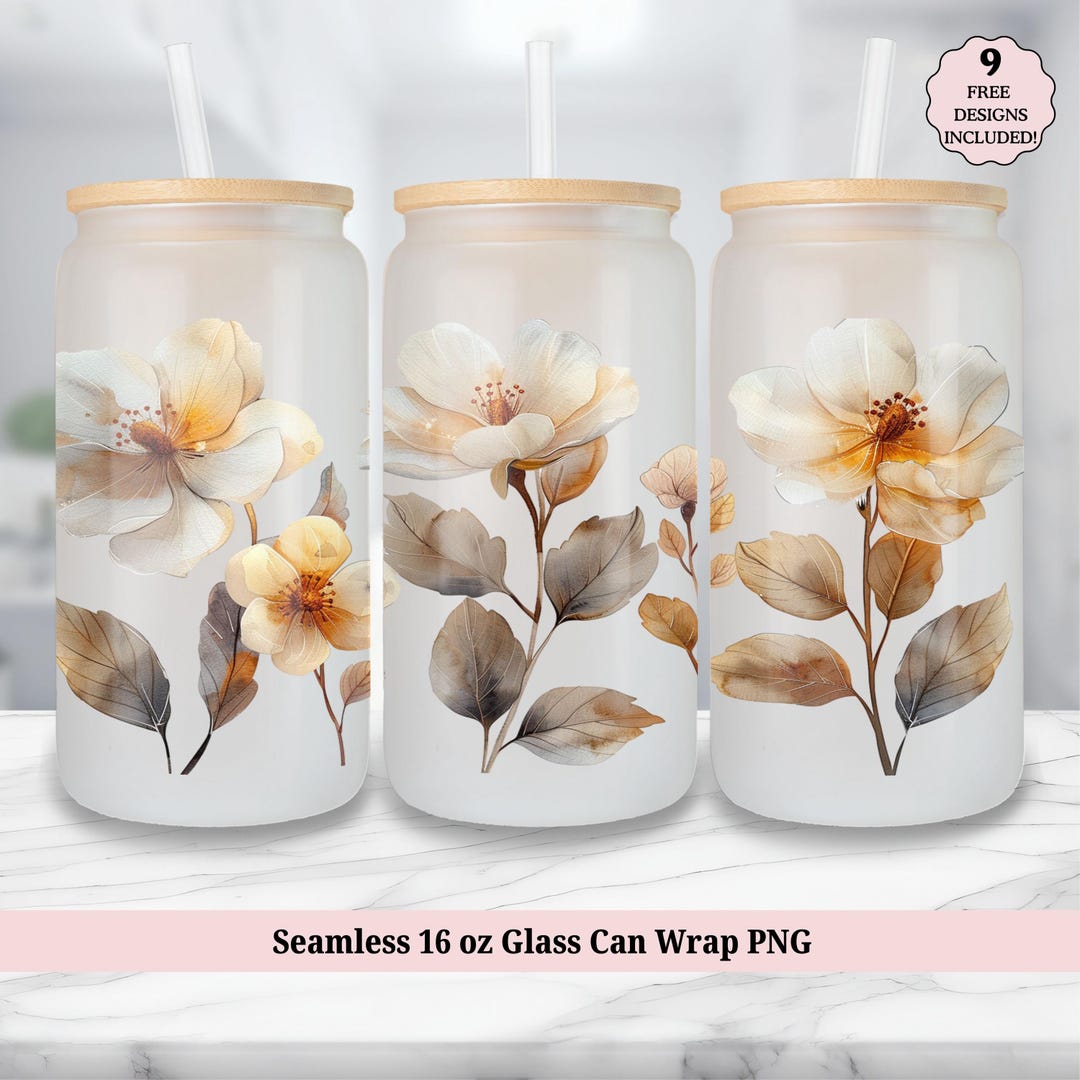 Vintage Boho Flowers SEAMLESS 16oz Glass Can Sublimation Design ...
