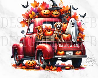 Liten röd lastbil höst PNG, Halloween lastbilshund PNG för sublimering, söt hösthund grafisk design, pumpa retro lastbil digital nedladdning