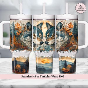 Grey Wolf 40oz Tumbler Wrap PNG, Boho Celestial Full Moon Phase Wolves Seamless 40 Oz Quencher Cup, Sublimation Design, Digital Download