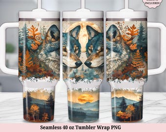 Grå varg 40oz tumbler wrap PNG, boho himmelsk fullmånefas vargar sömlös 40 oz quencher kopp, sublimeringsdesign, digital nedladdning