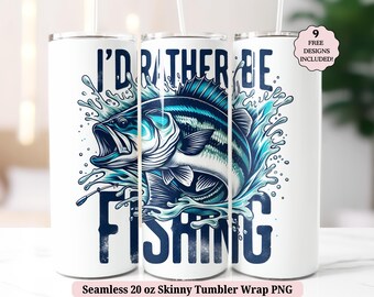 Jag skulle hellre fiska Tumbler Wrap PNG, Fars dag Bass Fishing Outdoor Lovers Sömlös 20oz Skinny Sublimation Design, Digital Nedladdning