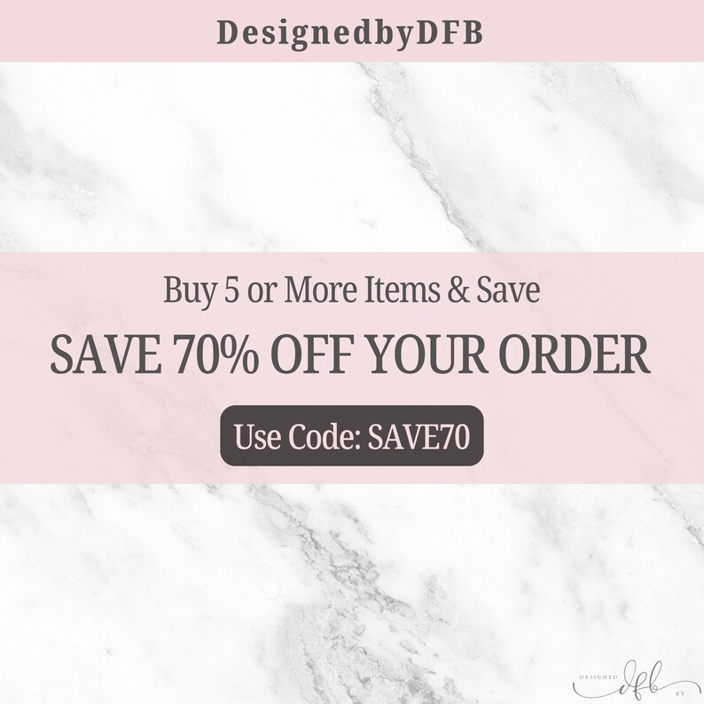 K&ouml;nnte beinhalten: Ein rosa-wei&szlig;er Marmorhintergrund mit dem Text "Buy 5 or More Items & Save SAVE 70% OFF YOUR ORDER Use Code: SAVE70" in schwarzer Schrift.