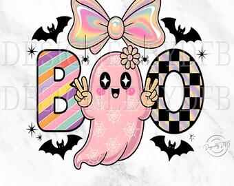 Preppy Ghost Boo PNG, Iridescent Spooky Coquette Trendy PNG, Retro Cute Ghost PNG, Halloween Sublimation Design, Digital Download