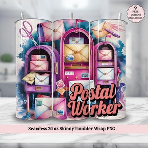 Emballage de gobelet de postier PNG - mignon postier rétro collage de timbres lettre 20 oz gobelet maigre sublimation Design - téléchargement numérique