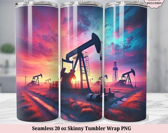 Oil Field Tumbler 20 Oz Tumbler Wrap, Pracownik platformy wiertniczej, Podnośnik pompy na polu naftowym, Amerykańska flaga Bezszwowy projekt sublimacji PNG, Pobieranie cyfrowe