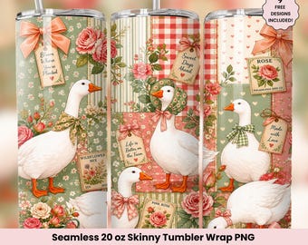Cottagecore gås tumbler wrap PNG, gäss lapptäcke sömlös 20oz smal tumbler sublimeringsdesign, blommig stuga trädgård digital nedladdning