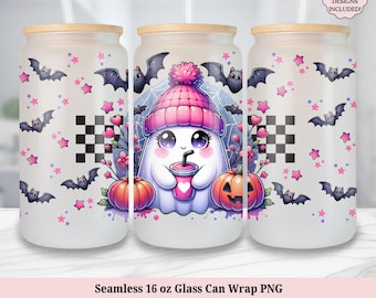 Cute Halloween Ghost Iced Coffee Glass Tumbler Wrap PNG, Trendy Retro Pumpkin 16oz Libbey Glass Can Wrap, UV DTF Seamless Sublimation Design