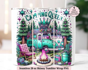 Camping Queen Tumbler Wrap PNG, utomhus husbil älskare sömlös 20oz smal tumbler sublimeringsdesign, digital nedladdning