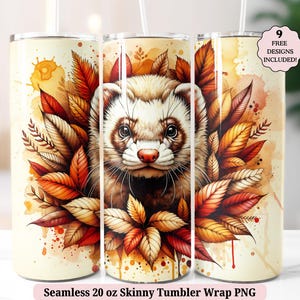 Cute Ferret Tumbler Wrap PNG, Color Splash Weasel Animal Lovers Flowers Floral Seamless 20oz Skinny Sublimation Design, Digital Download