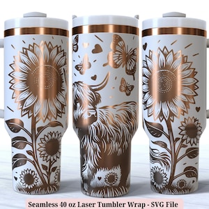 Highland Cow Laser Tumbler Wrap SVG for Laser Rotary, Wildflowers Engraved Full Wrap for 40oz Tumbler, Seamless Design Digital Download