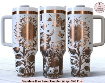 Highland Cow Laser Tumbler Wrap SVG for Laser Rotary, Wildflowers Engraved Full Wrap for 40oz Tumbler, Seamless Design Digital Download