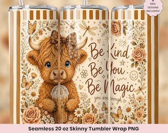 Kaffeälskare Highland Cow Tumbler Wrap PNG, söt trendig mocha blommig boho ko sömlös 20oz smal sublimeringsdesign, digital nedladdning