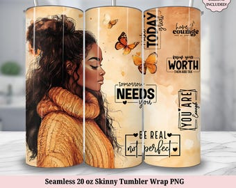 Black Woman Tumbler Wrap - Positive Affirmations Inspirational Quotes Seamless 20oz Skinny Tumbler Sublimation Design - PNG Digital Download