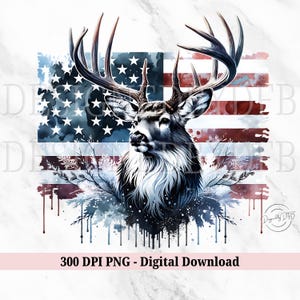 アメリカ国旗と雄鹿の頭 PNG、愛国的な鹿の頭の T シャツ デザイン、米国愛国的な狩猟ホワイトテール昇華、デジタル ダウンロード