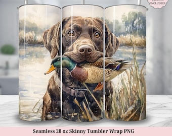 Tumbler avvolgente per la stagione di caccia all'anatra al cioccolato PNG - Labrador Retriever Hunter Scene 20oz Skinny Tumbler Design a sublimazione Download digitale