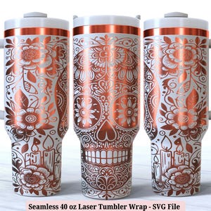 Envoltura para vaso con láser de calavera de azúcar SVG para láser rotativo, envoltura completa grabada del Día de los Muertos para vaso de 40 oz, descarga digital de diseño sin costuras