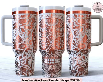 Sugar Skull Laser Tumbler Wrap SVG for Laser Rotary, Day of the Dead Engraved Full Wrap for 40oz Tumbler, Seamless Design Digital Download