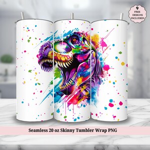 Neon Dinosaur 20oz Tumbler Wrap PNG, Rainbow Watercolor T-Rex Raptor Kids Dino 20 oz Skinny Tumbler Sublimation Design, Instant DIGITAL ONLY