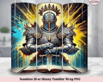 Christian Men Tumbler Wrap PNG - Armor of God Seamless 20oz Skinny Tumbler Sublimation Design - Man of Faith Based Digital Download