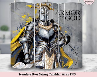 Armor of God Christian Men Tumbler Wrap PNG - Seamless 20oz Skinny Tumbler Sublimation Design - Man of Faith Based Jesus Digital Download