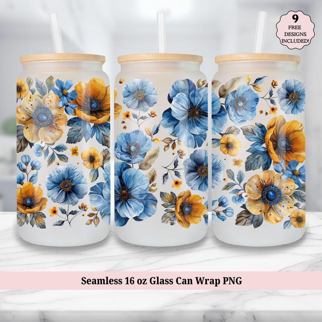 Floral 16oz Libbey Glass Can Wrap PNG, Frosted Glass Sublimation Design ...