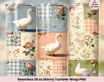 Cottagecore gås tumbler wrap PNG, gäss lapptäcke sömlös 20oz smal tumbler sublimeringsdesign, blommig stuga trädgård digital nedladdning