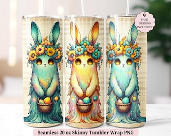 Spooky Easter Tumbler Wrap PNG, Adorable Cute Ghost Bunny Funny Rabbit Animal Seamless 20oz Skinny Sublimation Design, Digital Download