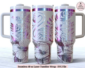Flamingo Laser Wrap SVG für Laser Roll, Hibiskusblume Tropical Beach graviert Full Wrap 40oz Tumbler, nahtloses Design Digital Download