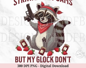 Strawberry Jams But My Glock Don't Funny Raccoon PNG, Vintage Animal Quotes, Trendy Retro Raccoon Clipart, Sublimation Digital Download