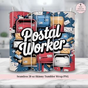 Emballage de gobelet de postier PNG - mignon postier rétro collage de timbres lettre 20 oz gobelet maigre sublimation Design - téléchargement numérique