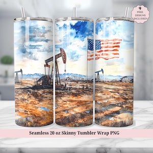 Oil Field Tumbler 20 Oz Tumbler Wrap, Oil Rig Worker, Oilfield Pump Jack, American Flag Seamless Sublimation Design PNG, Digital Download