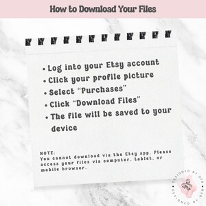 May include: A white spiral-bound notepad with instructions on how to download files from Etsy. The text includes steps like logging into your account, selecting purchases, and downloading files. A note indicates downloads are not available via the Etsy app.