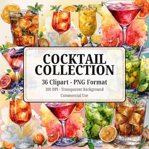 36 水彩カクテル クリップアート バンドル - ウェディング カクテル PNG - バー メニュー用クリップアート セット - モヒート コスモポリタン アペロール スプリッツ ロング アイランド