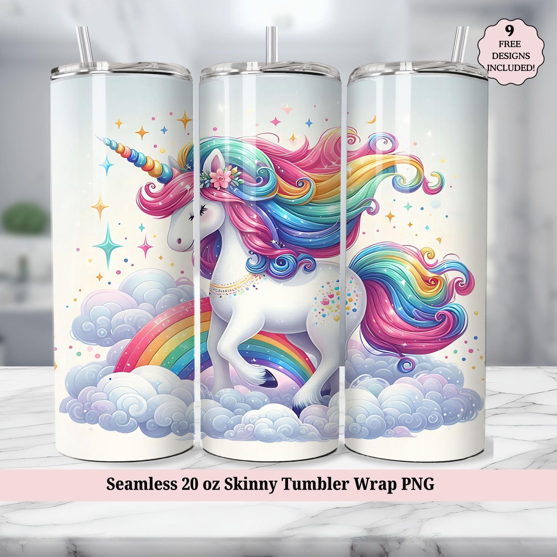 Rainbow Unicorn Tumbler Wrap PNG, Glitter Sparkle Pastel Seamless 20oz ...