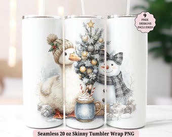 Julgås Tumbler Wrap PNG, söt semester sömlös 20oz smal sublimeringsdesign PNG, snögubbe julgran jul digital nedladdning