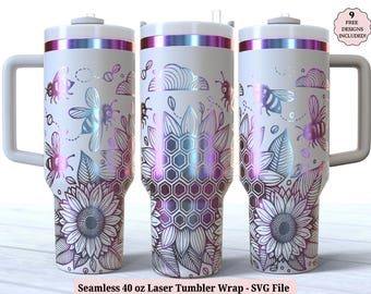 Söt bi laserglasomslag SVG för laserrotation, blommor, blommig graverad helomslag för 40oz kopp, sömlös design, digital nedladdning