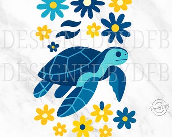 Meeresschildkröte PNG, Retro Blumen Schildkröte Clipart, niedliche Ozeantier Sublimation, Sommer Strand Ästhetische Kunst, sofortiger digitaler Download