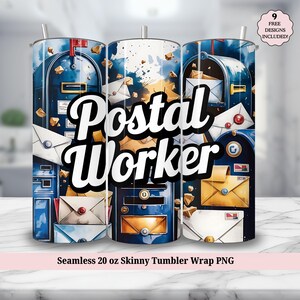 Emballage de gobelet de postier PNG - mignon postier rétro collage de timbres lettre 20 oz gobelet maigre sublimation Design - téléchargement numérique