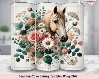 May include: A seamless 20 ounce skinny tumbler wrap design featuring a horse's head surrounded by pink and white flowers with green leaves on a white background.