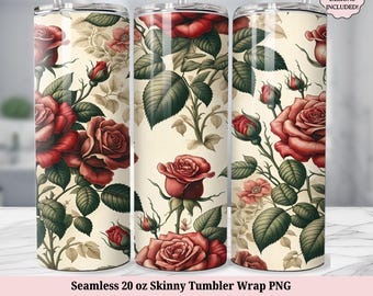Beautiful Red Roses Tumbler Wrap PNG, Vintage Flowers Elegant Floral Seamless 20oz Skinny Sublimation Design, 20 Oz Tumbler Digital Download